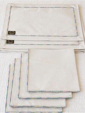 Luxury Linen Placemats & Napkins Set of 4 White Pastel Trim Coastal Table Decor